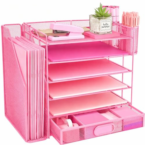 IOUGDSEC 6 Tier Desk File Organiser with Extra Vertical File Sorter, Paper Letter Tray with Top Stationery Drawer Holder, A4 Paper Desktop Filing Trays, Magazine Document Holder for Home Office, Pink