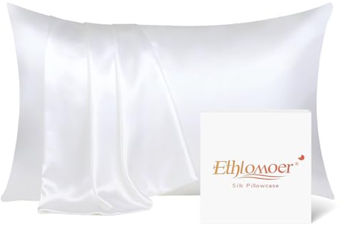 Ethlomoer Natural Pure Silk Pillowcase for Hair and Skin, Both Side 19mm, Hypoallergenic, 600 Thread Count, Smooth Silk Pillow case with Hidden Zipper, Gifts for Women Men, 50x75 cm (White)
