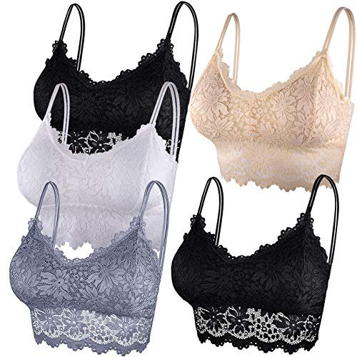 Duufin 5 Stück Bralette Spitzen BH Bralette Spitze Gepolstert BH für Damen und Mädchen (Schwarz, Grau, Beige, Weiß, L-XL)
