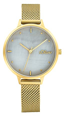 s.Oliver Armbanduhr Damen Quarzuhr Analog, mit Edelstahl Armband, Gold, 3 bar Wasserdicht, Kommt in Uhren Geschenk Box, 2033512