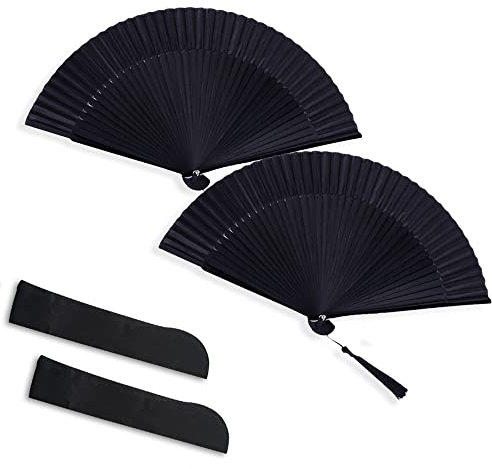 Satificer 2 Stück Handheld Faltventilator fächer,Handfächer Schwarz Herren Damen Stoff Fächer für Tanz, Party, Hochzeit Geschenke, DIY Dekoration, Haus Dekorationen (Schwarz)