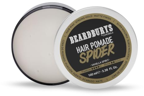 Beardburys Spider Pomada y Cera para el Cabello para Hombres – Fijación Fuerte, Acabado Mate, Cera Texturizante para Peinar, Aroma a Vainilla, Fácil de Moldear y Lavar, 100 ml