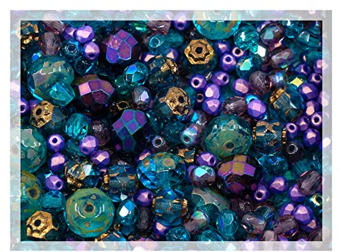 25g of Blue Purple Mix of Czech Faceted Fire Polished Beads (Round, Catherdal, Rondelle)