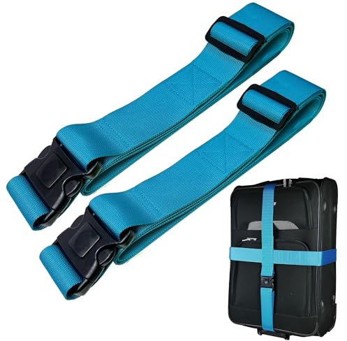 Koffergurt Kofferband Set mit Zusatzverriegelung und Kreuz Funktion Kofferband auffällig Koffergurte 5 cm bis zu 205 cm lang von taschenmann2005 2-er Set Blau