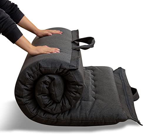 MAXYOYO Colchón de futón plegable portátil, tela hipoalergénica y almohadilla de colchón de espuma con asa y cremallera para exteriores, interiores, coche de invitados (gris oscuro, 135x190 cm)