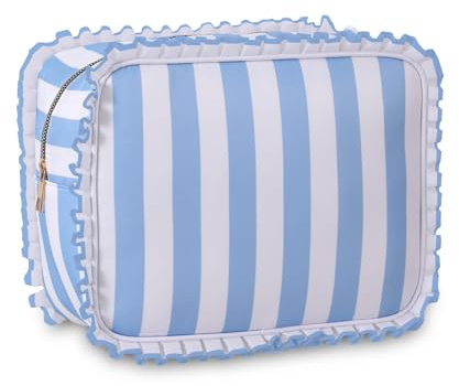 EMBRUNIOICE Stripe Ruffle Makeup Bag,Large Travel Cute Cosmetic Bag for Women Girls,Toiletry Bag Make up Organizer 10.8 x 4.5 x 8 inch (Blue Stripe)