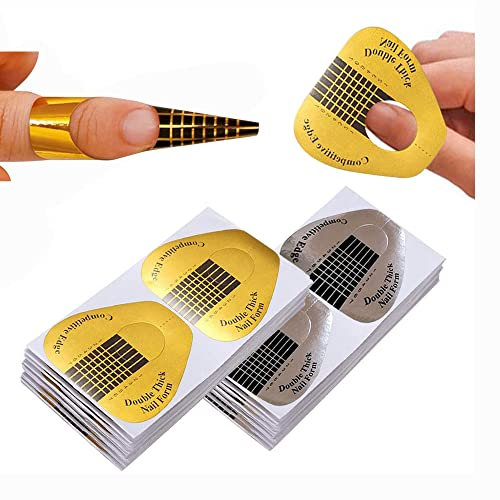 BeautyLeader 200Pcs Long Nail Forms Extension Set 100 Pcs Gold + 100 Pcs Silver Nail form guide stickers Thick Nail Art Tips Extension Forms Numbers Marked Nail Former Stickers