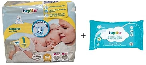 Lupilu Size 1 New Born Nappies 24 Pack + 60 Fragrance Free Baby Wipes