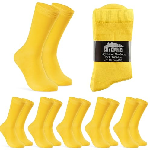 CityComfort Mens Socks 6 Pack Gifts for Men Teens Calf Length Socks Vibrant Colourful Breathable Sports Casual Work (Yellow-6 Pack, 7/11 UK)