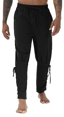 YAOHUOLE Pirate Linen Pants - Men's Casual Renaissance & Medieval Costume - Black