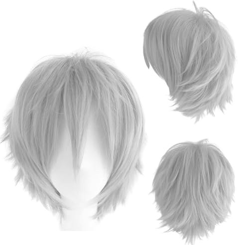 Dcbaboo Parrucca Donna Grigio Corta - Parrucca Uomo Corta - Wig Cosplay Anime - Parrucche con Frangia Capelli Sintetici Finti Ricci Lisci - Grigio Argento Carnevale Halloween Festa Costume
