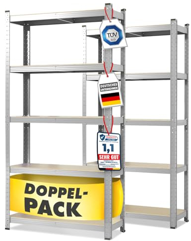 KARAT Schwerlastregal, 2er Set, 40 x 90 x 180 cm Steckregal, Kellerregal, Lagerregal - 5 verstellbare Böden (Verzinkt)