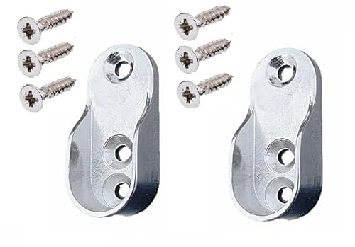 SCARFELL 2 x Oval Wardrobe Rail Ends Supports Rail Brackets 15mm Wide Nickel Plated Silver with Screws