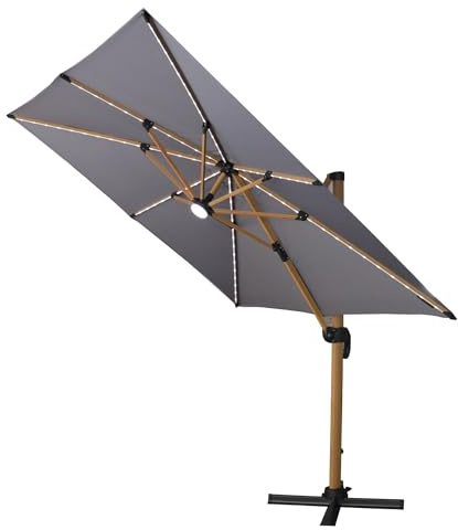 Jack Stonehouse JSH Garden Cantilever Parasol with Led Solar Lights | Large Wood Look Square Overhanging Patio Sun Shade Umbrella with Crank Handle and Tilt for Balcony and Outdoor | 2.5m x 2.5m, Grey