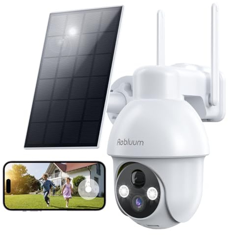 Rebluum Security Camera Wireless Outdoor, 2K Solar Security Camera,Battery Powered 360°PTZ Outdoor Camera,Color Night Vision,2-Way Audio,PIR Motion Detection,Compatible with Alexa