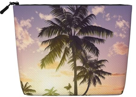 AMREWQYL Summer Palm Tree printed Fake Hemp Makeup Bag Travel Toiletry Bag, Black, One Size