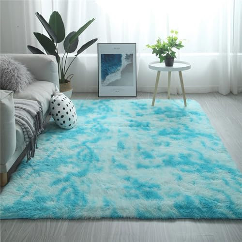 SBJKLYRN Carpeting Modern Tie-dye Carpet Abstract Chic Carpet Fluffy Living Room Rugs Shaggy Plush Carpets Area Rugs Washable Anti Slip Comfortable Floor Mat For Kids Living Room(Blue,80 * 160cm)