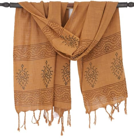GURU SHOP Handgewebtes Baumwolltuch mit Tribalmuster, Blockdruck Webschal - Caramel, Herren/Damen, Baumwolle