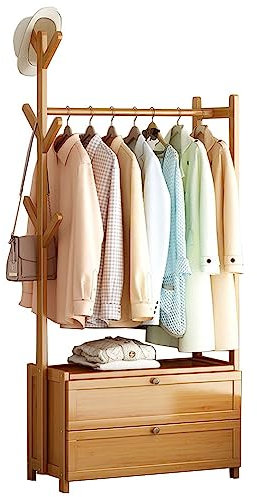 Portant à vêtements Extra Large en Bambou avec étagères de Rangement et étagère à Chaussures - Organiseur Portable pour entrée, Chambre et Placard - Solution élégante, Durable et écologique