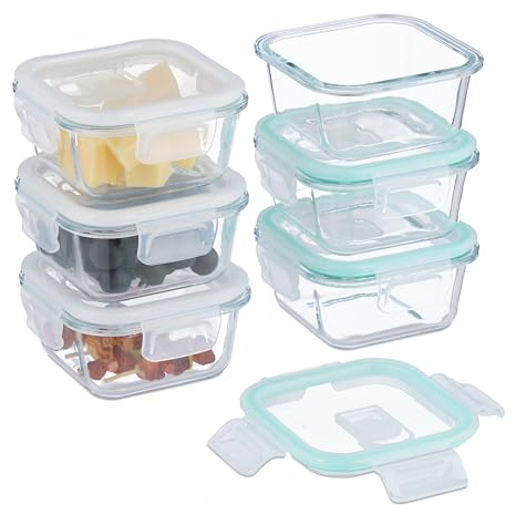 Relaxdays Fiambreras de Cristal con Tapa, Set de 6, 320 ml, Recipientes Herméticos, Cierre de Plástico, Transparente