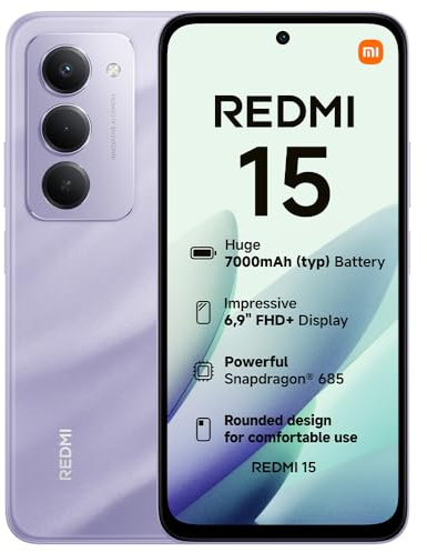 XIAOMI Redmi 15, Smartphone 6+128GB, 6.9 FHD+ 144Hz DotDisplay, Snapdragon 685, 50MP AI dual camera, 7000mAh Battery, Purple, Charger Not Included