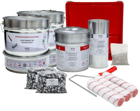 Kit de revêtement de sol en résine époxy pour 25 m² avec vernis de finition | RAL 7001 – Gris Argent, 12,7 kg | Pour béton garage, sous-sol | Antidérapant, résistant aux produits chimiques | SwissTech