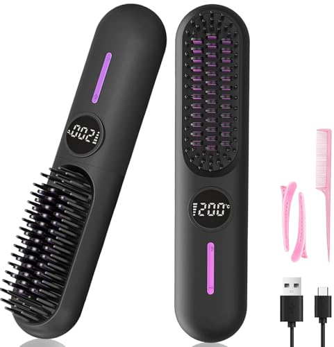 Cepillo alisador de cabello portátil, alisador de pelo inalámbrico recargable por USB con 7 temperaturas ajustables, 5200 mAh, cepillo térmico antiquemaduras para viajes en casa (negro)