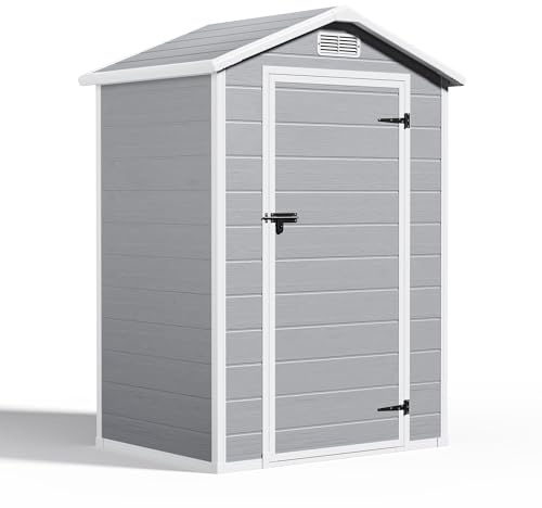 Blishom Casetta da Giardino in Resina, Capanno Porta Attrezzi Intemperie con Finestra e Ventilazione, Box Stoccaggio con Serratura per Attrezzi da Giardino, 122 x 92 x 187 cm (Grigio)