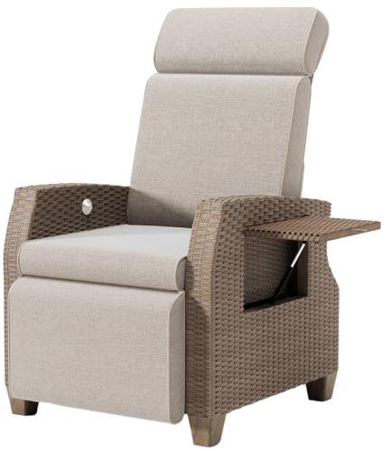 Chaise Longue, Fauteuil Relaxant Ergonomique en Rotin, Dossier Réglable et Blocable dans Toute Position, avec Housse Antipoussière, pour Intérieur, Balcon et Jardin (Marron + Abricot)