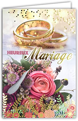AFIE 63-1145 Carte Heureux Mariage avec Dorure Or Doré Alliances Mariés Bouquet Fleurs Roses Fabriqué en France