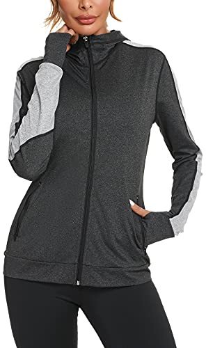 Wayleb Womens Zip Up Hoodie Sports Jacket Ladies Hoodies Long Sleeve Gym Tops Hooded Sweatshirt Running Coat with Pockets and Thumb Holes