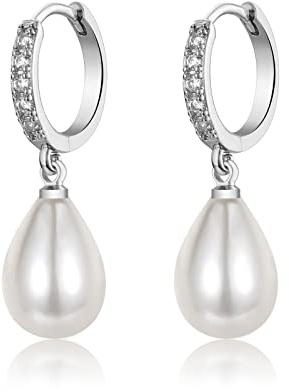 Pearl Dangle Earrings for Women, 925 Sterling Silver Pearl Drop Hoop Earrings, Hypoallergenic Teardrop Round Pearl Hoop Earrings with AAA+ Cubic Zirconias | Jewellery Gifts for Birthday Weeding