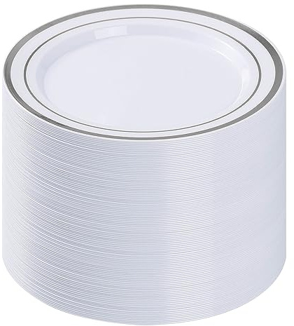 BESTVIP 100PCS Silver Plastic Plates, 10.25 Inch Disposable Dinner Plate Party with Silver Rim for Christmas, Thanksgiving, Heavy Duty Disposable Plastic Plates for Party, Wedding and Birthday, Events