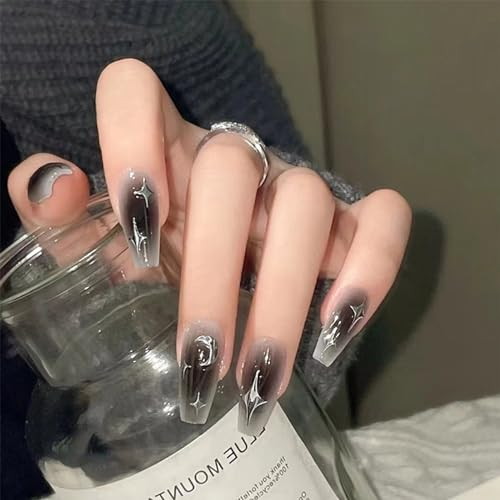 Moguri® 24 Stück grau schwarze künstliche Nägel zum Aufdrücken, mittlere Länge, glänzend, weiß, silberfarben, künstliche Nägel, Sterne, Mond, Blush-Designs, künstliche Acryl