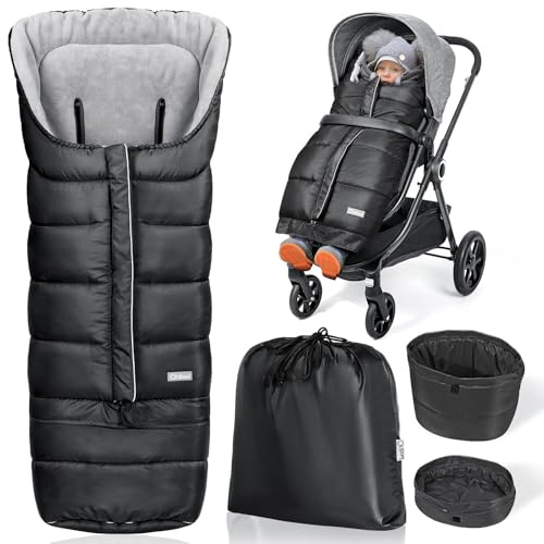 Orzbow Fußsack Kinderwagen Winter, Mitwachsender Fußsack Buggy mit Austauschbarem Boden, Wasserfest Fusssack Kinderwagen Baby mit Reissverschluss, Universelles, Warm & Rutschfest, 97/117*44cm, Schwarz