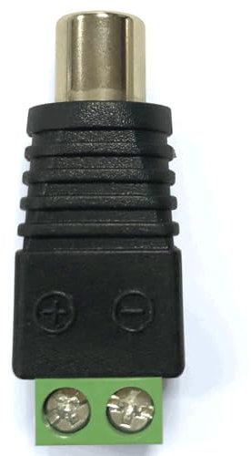 Clavija hembra RCA con terminal de tornillo, conexión AV, colores negro y verde, ideal para audio y video en proyectos eléctricos.