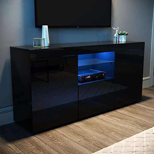 ELEGANT 135cm LED TV Unit High Gloss Modern TV Stand Cabinet with Ambient RGB Lights for 32 40 43 50 52 55 inch 4k TV Living Room and Bedroom Furniture with Storage, Black