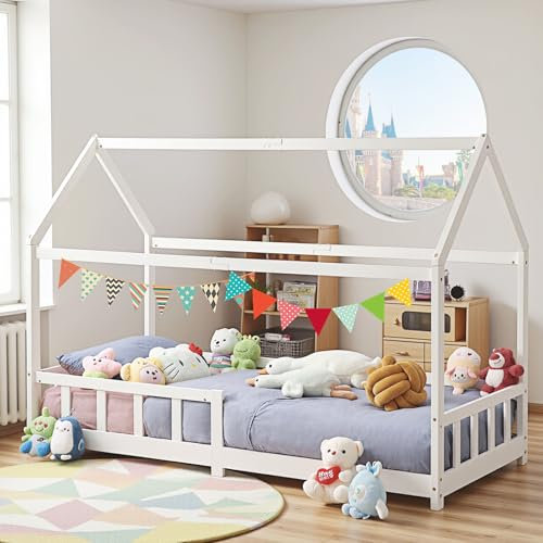 FetiNes Lit Cabane Enfants 90x190 cm lit de Sol avec Protection Contre Les Chutes & sommier Montessori lit à barreaux Enfants, Bois Massif Pin, Blanc