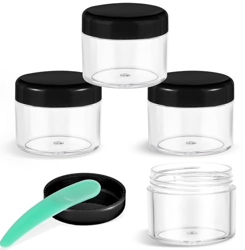 4 Pcs Plastic Cosmetic Cream Jars with Lids - Spatula, Travel-Sized, Leak-Proof, Refillable Makeup Containers, 0.7oz Round Jars for Storage Liquid Oils, Salves, DIY Making (Black)