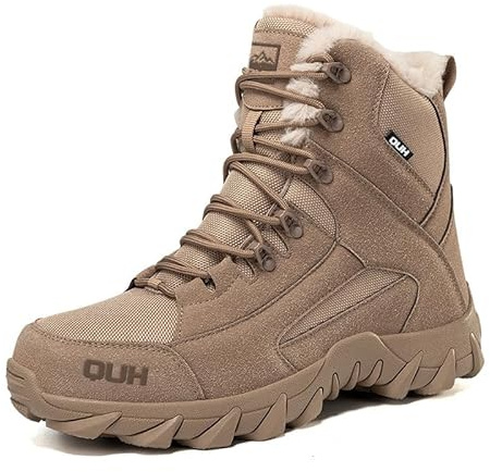 QUH Winter Snow Boots Waterproof Military Training Fur Lined Anti Slip Warm Boots Thickened Cotton Walking Ankle Boots For Man