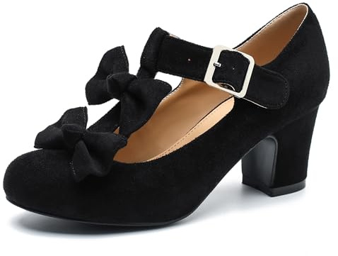 Women's Bow Heel Pumps Vintage T Strap Mary Jane Mid Chunky Heel Dress Shoes, Black Suede, 6 UK