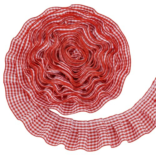 PH PandaHall 10m 4cm Rote Gingham Borte Kräuselband Gingham Ruffle Plissee-Spitzenbesatz Gingham-Stoff zum Nähen, Kleid, Kostüm, Kragen, Manschetten, Blumenarrangement, Heimdekoration