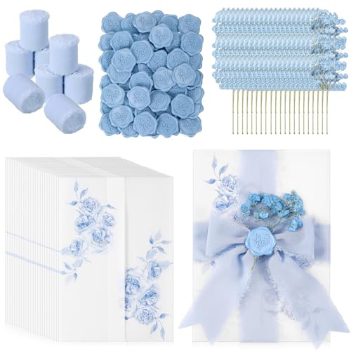 Fullhawl 50 Sets Wedding Invitations Wraps Set Pre Folded Vellum Jackets for 5 x 7 Invitations Dried Flowers Wax Seal Stickers Chiffon Silk Ribbon for Wedding Birthday Bridal Shower Craft DIY (Blue)