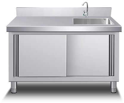 Évier de service d'extérieur en acier inoxydable avec armoire, 120 x 50 x 80 cm, évier de cuisine utilitaire avec établi, étagères de rangement et robinet droit