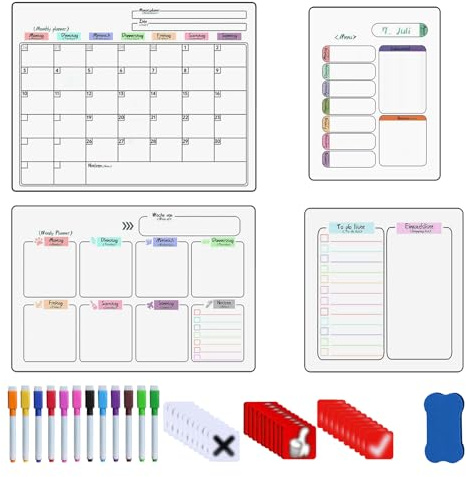 4 Stück Whiteboard Wochenplaner Magnetisch - Magnetisch Monatsplaner Abwischbar 42×30cm, Magnettafel Kühlschrank, Essensplaner Woche, To Do Liste Einkaufsliste mit 1 Radierer und 12 Markern