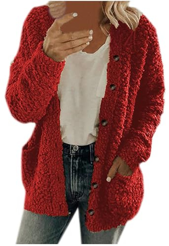 Genérico Abrigo de Punto con Botones para Mujer, Chaqueta Casual con Bolsillos, Cardigan de Invierno