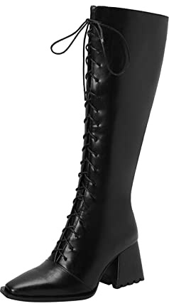 2026 - Botines para mujer con estampado de leopardo puntiagudo frontal con cordones laterales y tacón alto grueso largo, Black, 40 EU