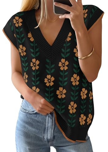 ZESICA Women's Floral V Neck Sweater Vest 2026 Summer Oversized Sleeveless Loose Knit Tank Tops Casual Outfits Black X-Large