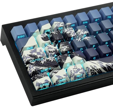 PBT Key caps Custom Cool Wave of Kanagawa Dark Blue Keycaps Keyboard | Tsungup Keycaps 75 Percent,131 Keys Dye Sub Side Print Shine Through Keycap Set,Cherry Key Caps for Mechanical Keyboard