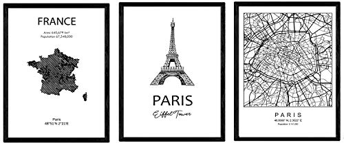 Paket av affischer av länder och monument. Karta City of Paris, Monument Tower Eifell och Karta Frankrike. A3-storlek